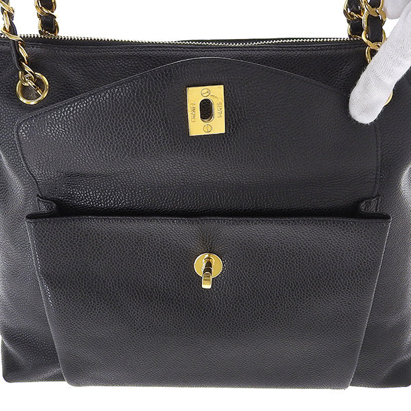 CHANEL Around 1995 Made Caviar Skin Turn-Lock Chain Tote Bag Black