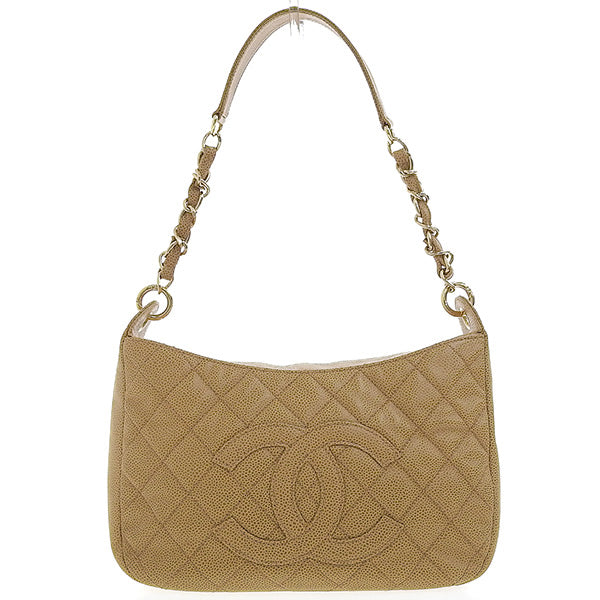 CHANEL Around 2003 Made Caviar Skin Cc Mark Stitch Shoulder Bag Beige