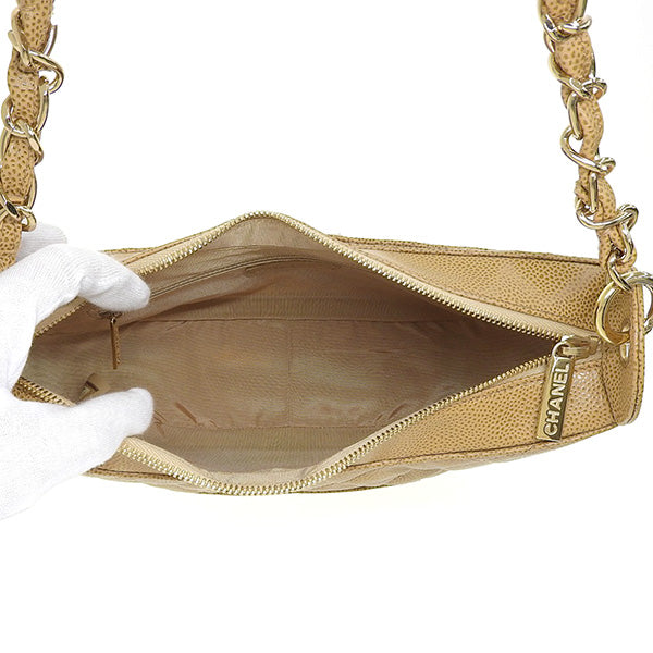 CHANEL Around 2003 Made Caviar Skin Cc Mark Stitch Shoulder Bag Beige