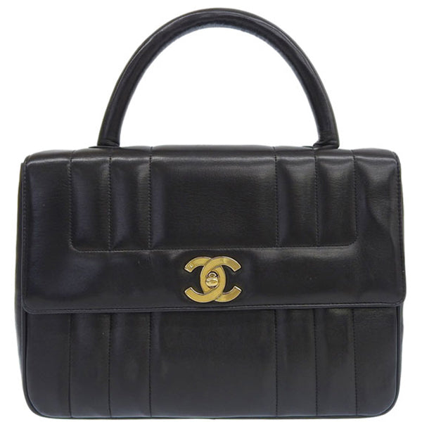 CHANEL Around 1995 Made Mademoiselle Stitch Turn-Lock Top Handle Bag Black