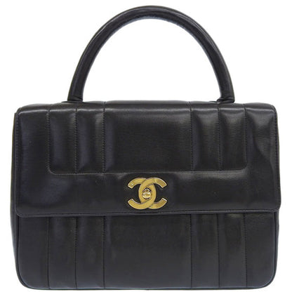 CHANEL Around 1995 Made Mademoiselle Stitch Turn-Lock Top Handle Bag Black