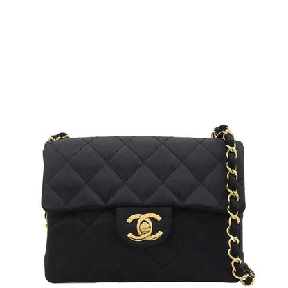 CHANEL Around 1985 Made Silk Satin Classic Flap Chain Bag Mini Black
