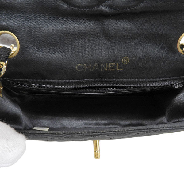 CHANEL Around 1985 Made Silk Satin Classic Flap Chain Bag Mini Black