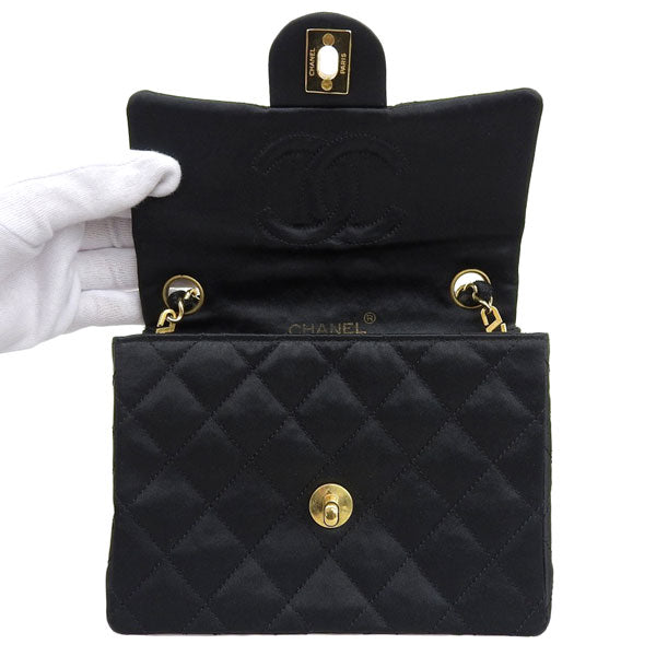CHANEL Around 1985 Made Silk Satin Classic Flap Chain Bag Mini Black