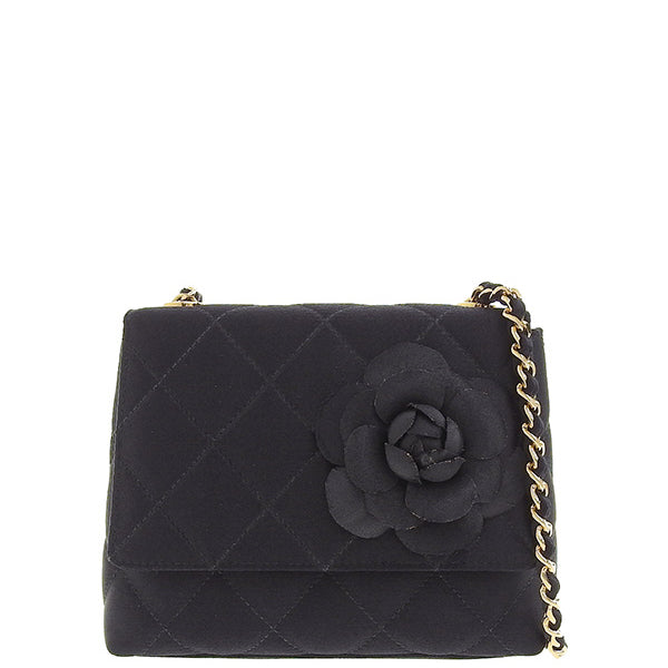 CHANEL Around 1997 Made Silk Satin Camellia Motif Mini Chain Bag Black