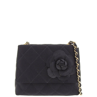 CHANEL Around 1997 Made Silk Satin Camellia Motif Mini Chain Bag Black