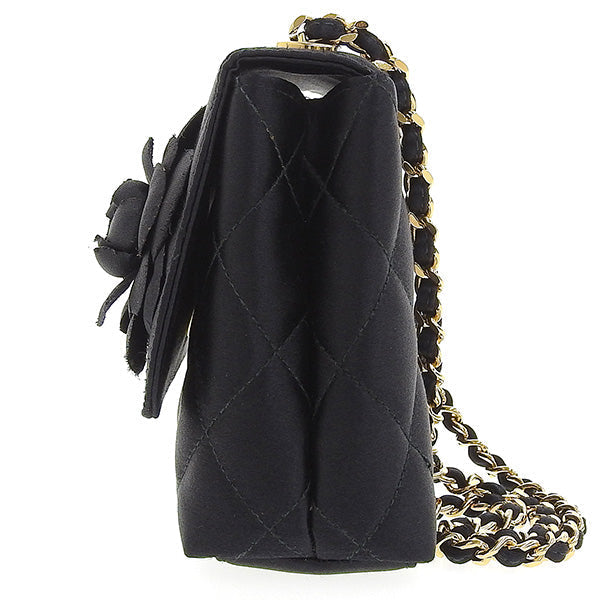 CHANEL Around 1997 Made Silk Satin Camellia Motif Mini Chain Bag Black