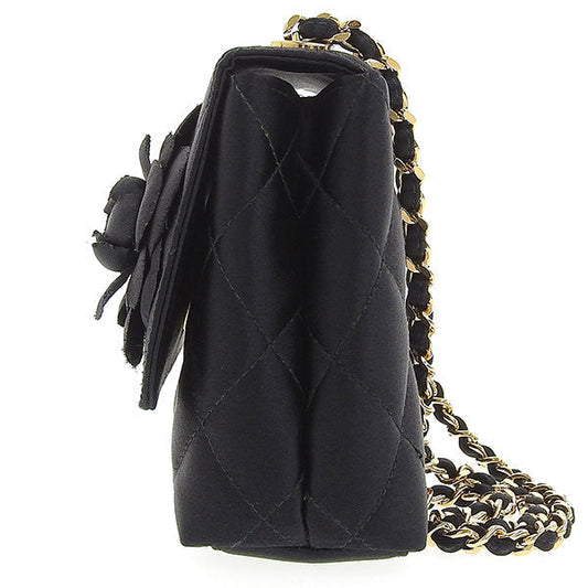 CHANEL Around 1997 Made Silk Satin Camellia Motif Mini Chain Bag Black
