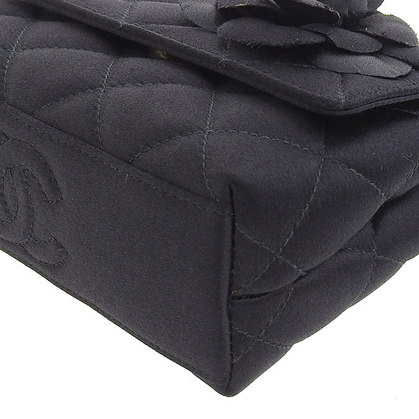 CHANEL Around 1997 Made Silk Satin Camellia Motif Mini Chain Bag Black