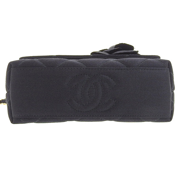 CHANEL Around 1997 Made Silk Satin Camellia Motif Mini Chain Bag Black