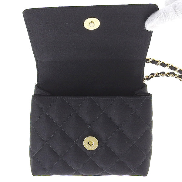 CHANEL Around 1997 Made Silk Satin Camellia Motif Mini Chain Bag Black