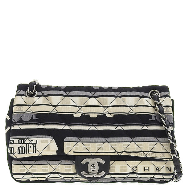 CHANEL Around 2005 Made Canvas Central Station Classic Flap Chain Bag Black/White/Multi