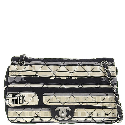 CHANEL Around 2005 Made Canvas Central Station Classic Flap Chain Bag Black/White/Multi