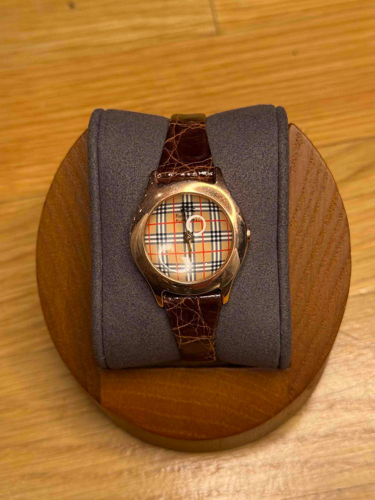 Burberry Plaid Pattern Rose Plated Brown Leather Strap