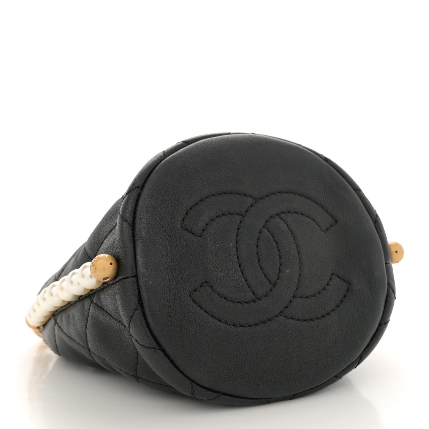 Amelia Calfskin Quilted Pearl Mini About Pearls Drawstring Bucket Bag Black