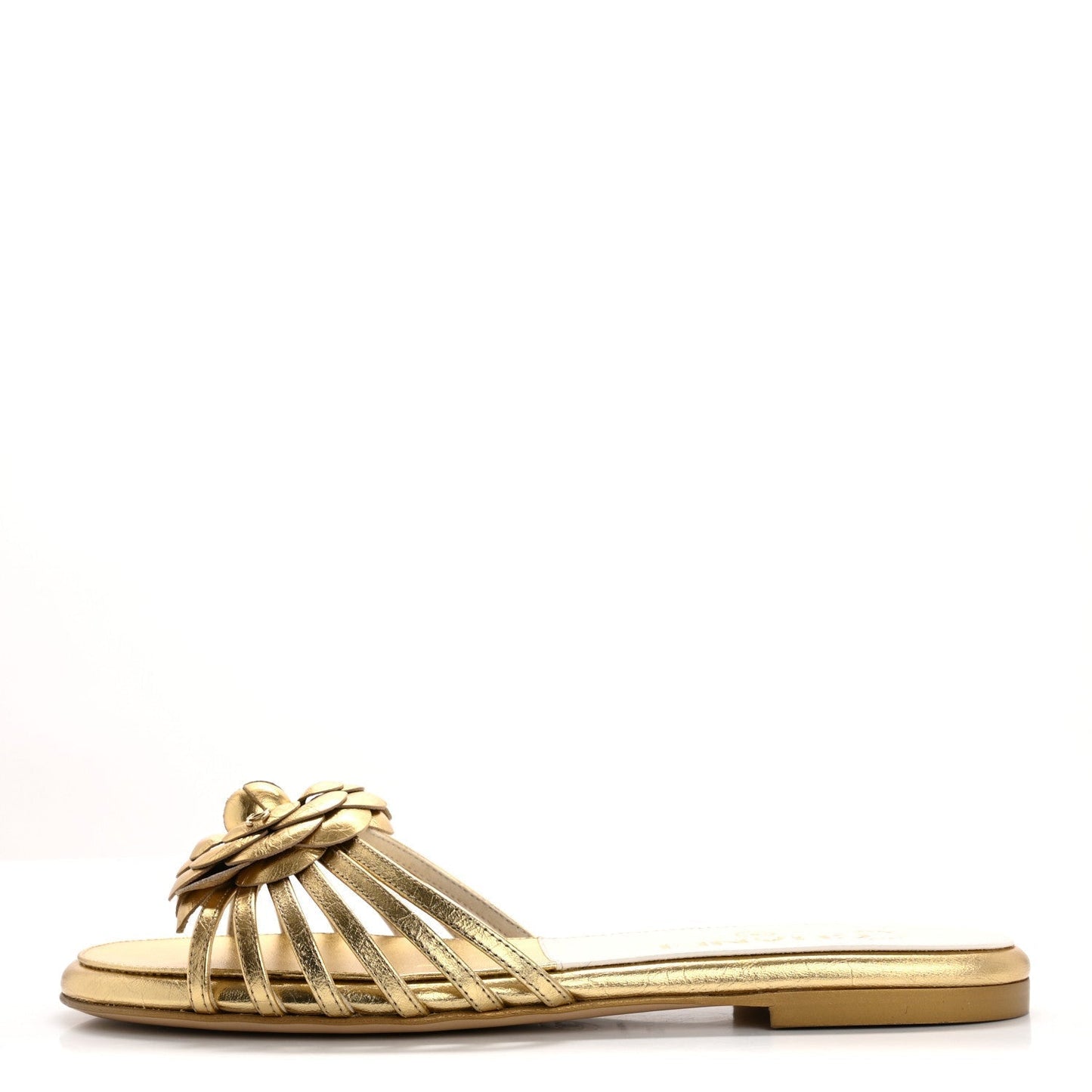 Amelia Laminated Lambskin Camellia CC Slide Sandals 36 Golden
