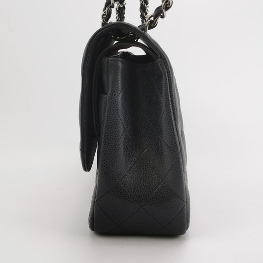Chanel Classic Flap Jumbo Black Caviar Leather Double Flap Silver Hardware