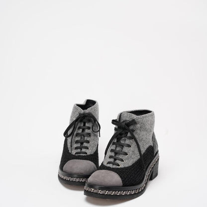 Chanel Black/Grey Tweed Suede Chain Ankle Boots 37