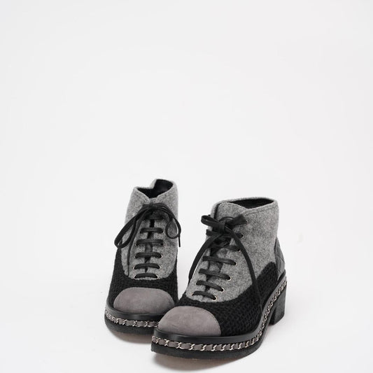 Chanel Black/Grey Tweed Suede Chain Ankle Boots 37