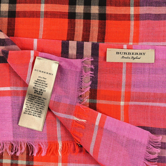 Amelia Wool Silk Gauze      Check Scarf Orange Pink