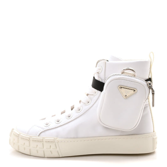 Prada Re-Nylon Gabardine Metal Triangle Logo Wheel Pouch Pocket High Top Sneakers 35.5 White