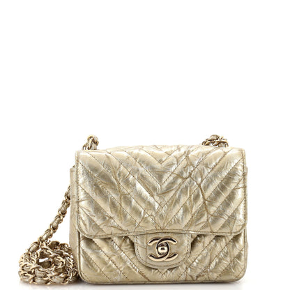 Square Classic Single Flap Bag Chevron Crumpled Metallic Patent Mini