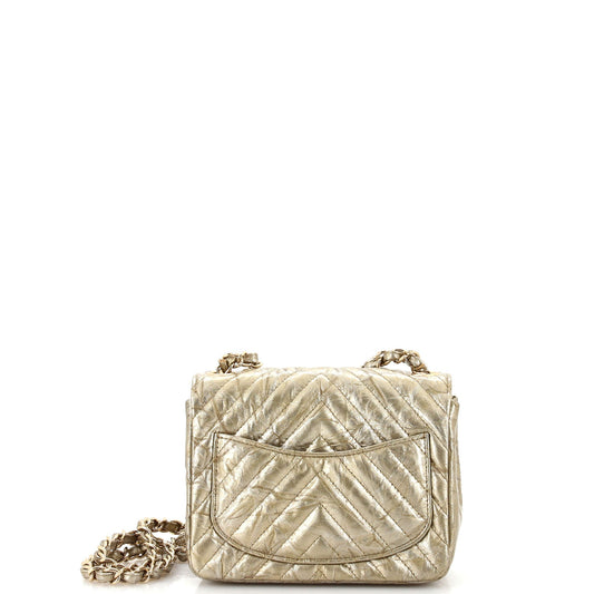 Square Classic Single Flap Bag Chevron Crumpled Metallic Patent Mini