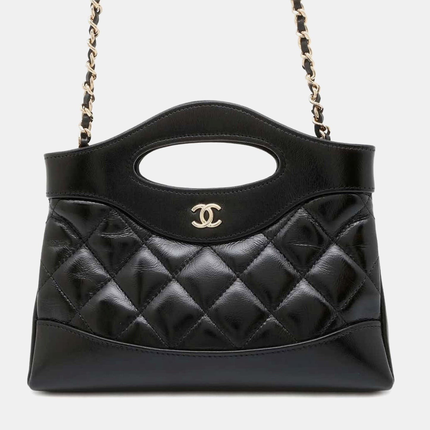Black Shiny Calf Leather Chanel31 Chain Shoulder Bag Size Mini