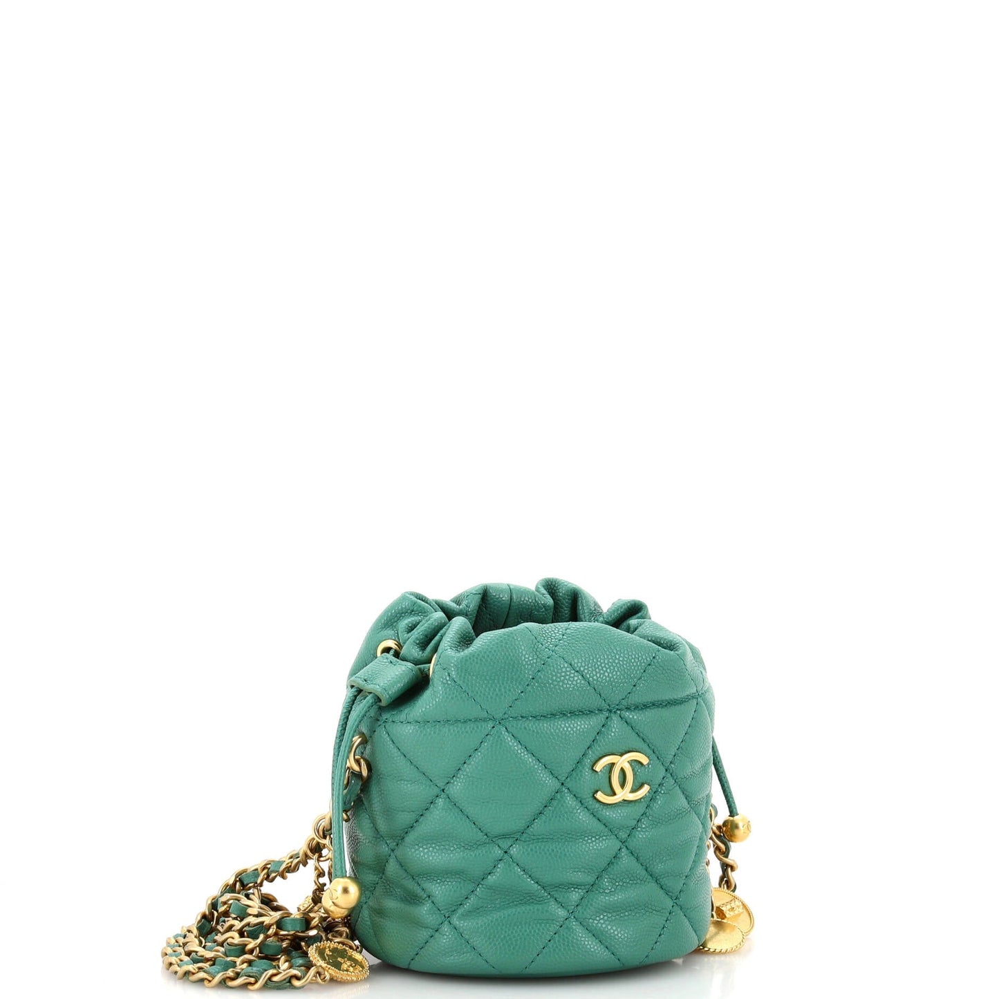 Medallion Charms Drawstring Bucket Bag Quilted Caviar Mini