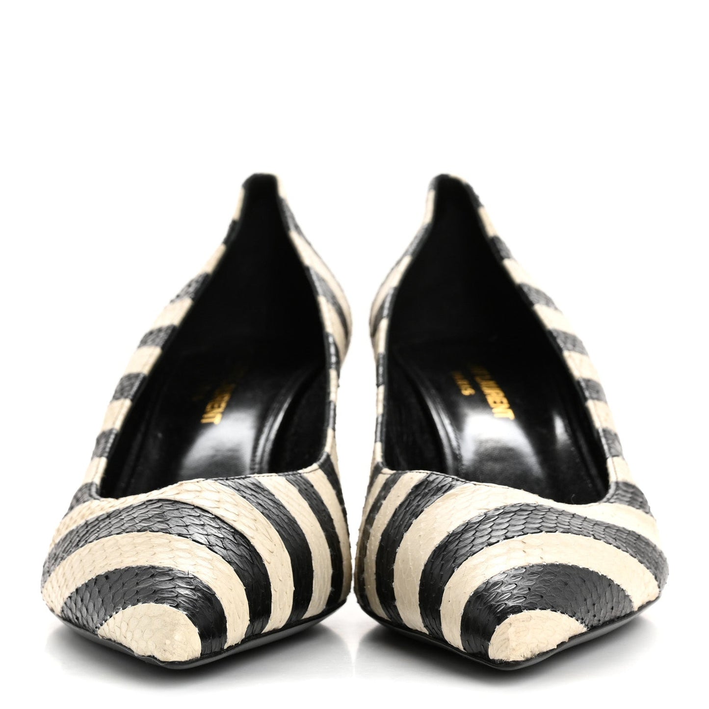 Saint Laurent Elaphe Snakeskin Striped Kiki Kitten Heel Pumps 38.5 Black Off White