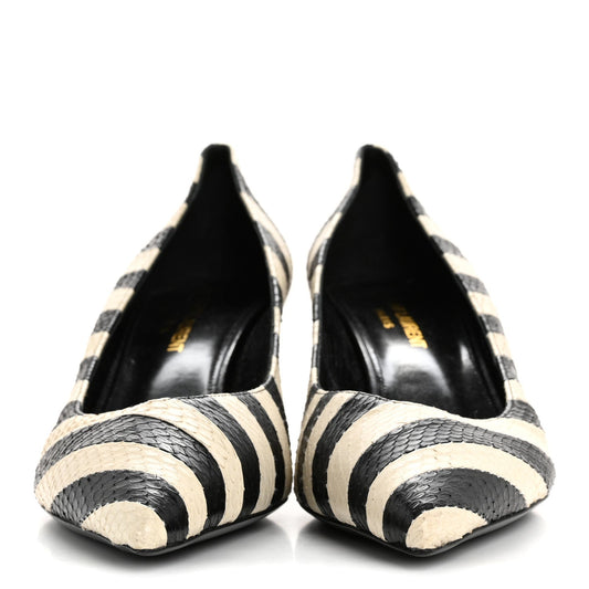 Saint Laurent Elaphe Snakeskin Striped Kiki Kitten Heel Pumps 38.5 Black Off White