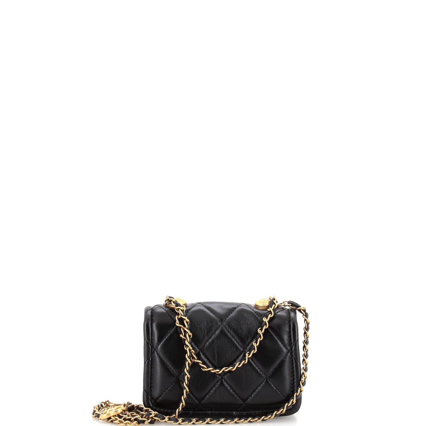 Button on Top Flap Clutch with Chain Quilted Shiny Lambskin Mini