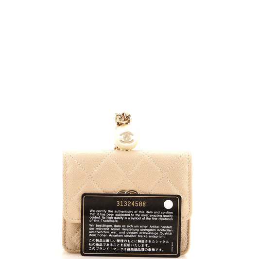 CC Pearl Coin Card Holder with Chain Quilted Iridescent Caviar