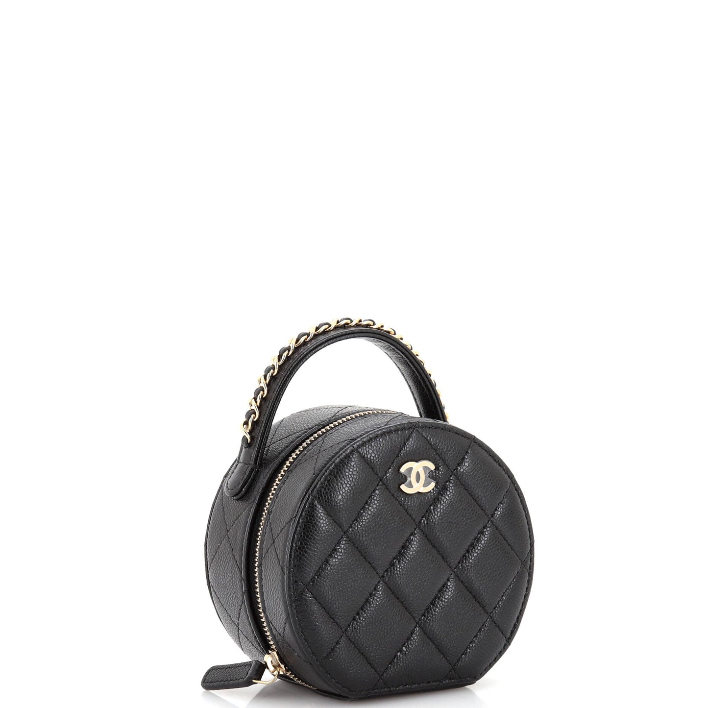 Chain Handle Round Jewelry Box Quilted Caviar