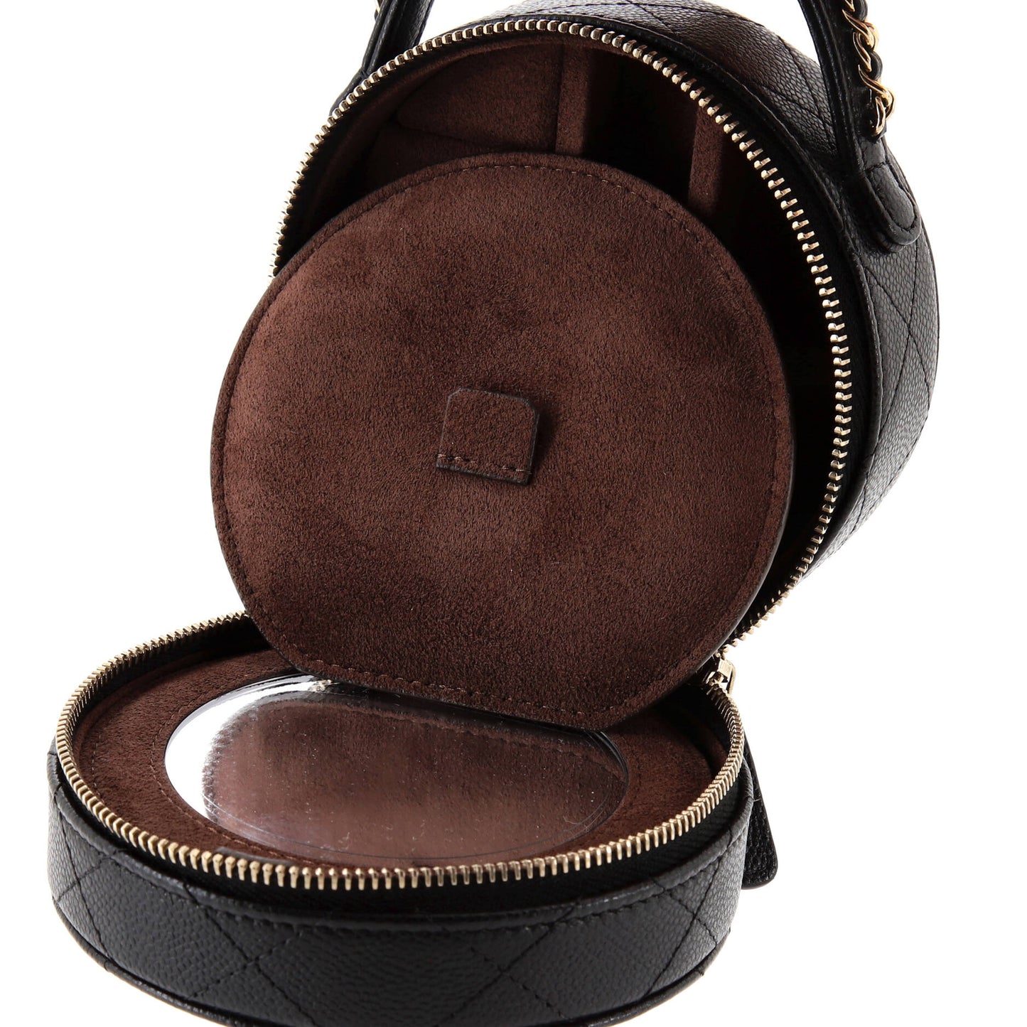 Chain Handle Round Jewelry Box Quilted Caviar