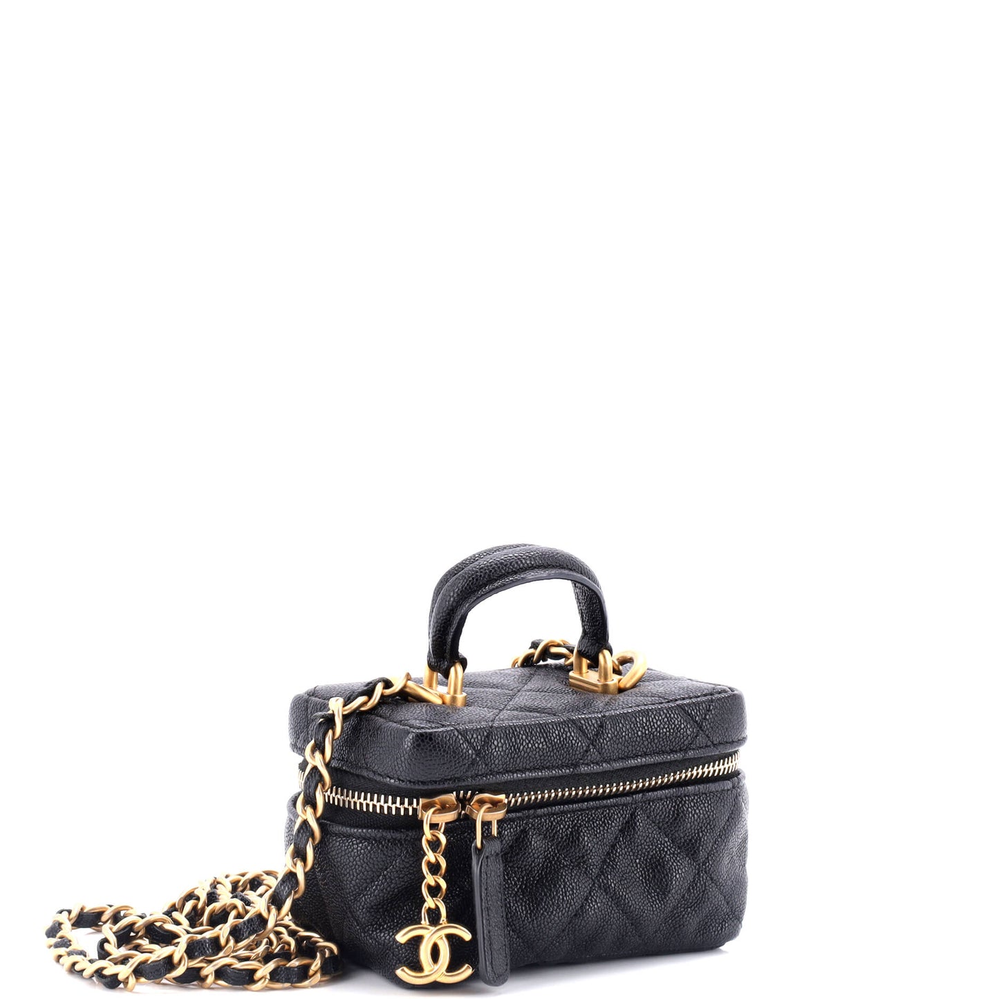Top Handle Zip Around Vanity Case with Chain Quilted Caviar Mini