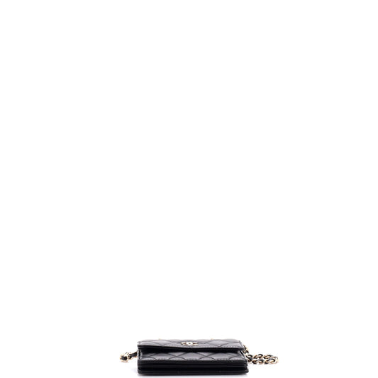 Camellia Bow Flap Card Holder with Chain Quilted Lambskin