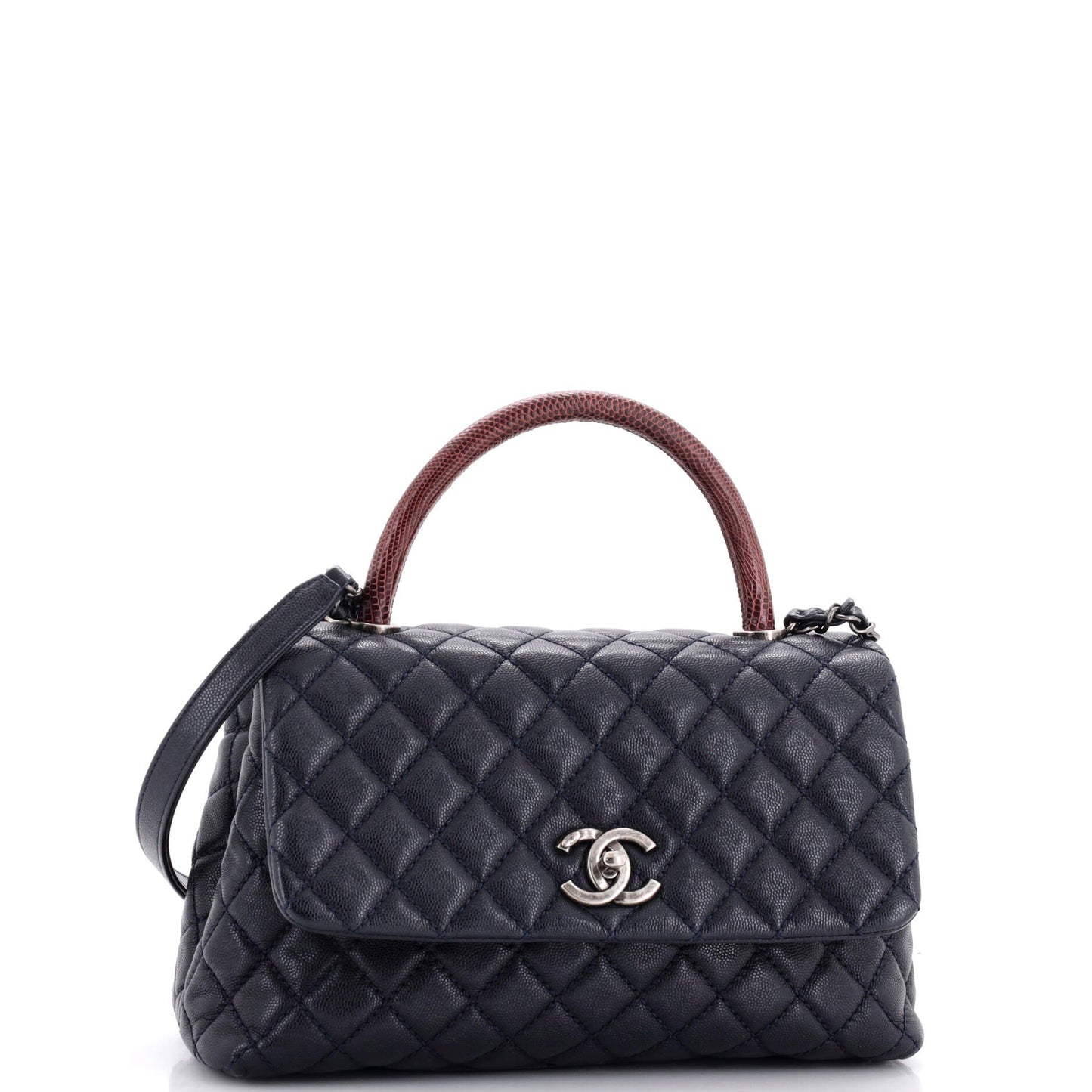 Coco Top Handle Bag Quilted Caviar with Lizard Small