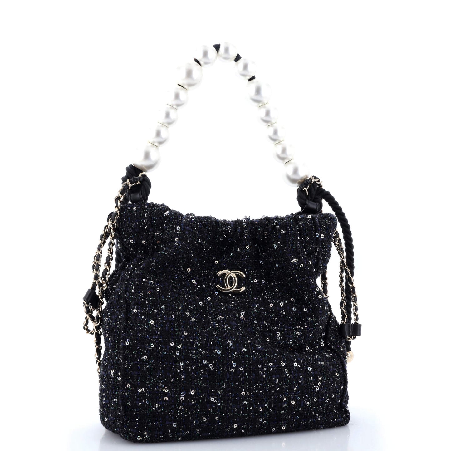 Pearl Drawstring Bag Sequin Embellished Tweed
