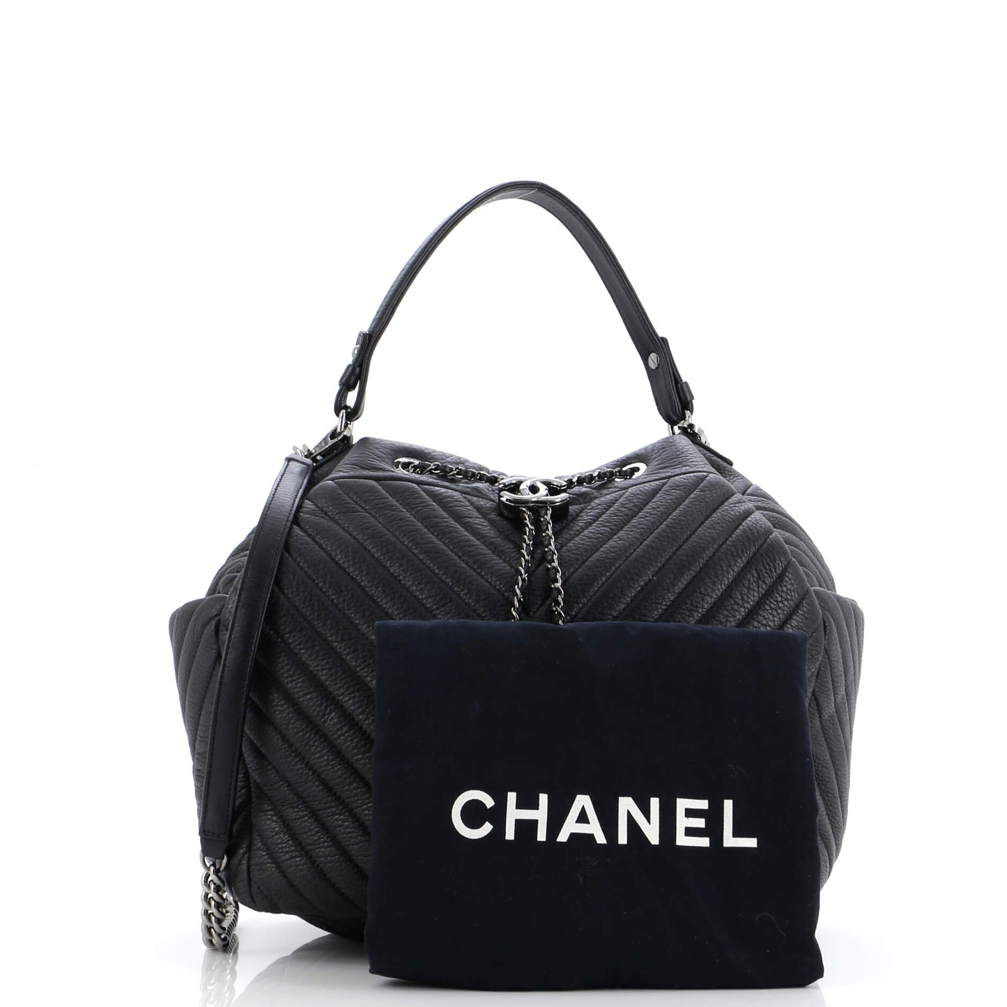 CC Chain Drawstring Bucket Bag Chevron Sheepskin Medium
