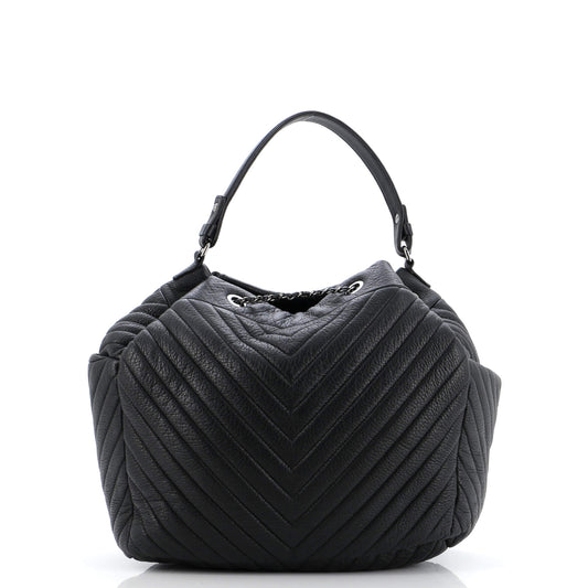 CC Chain Drawstring Bucket Bag Chevron Sheepskin Medium