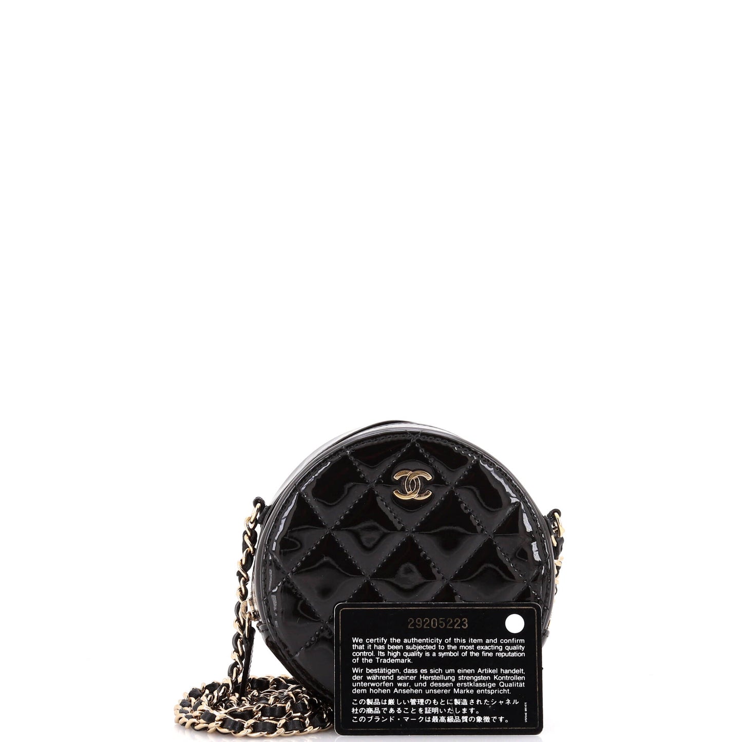 Round Clutch with Chain Quilted Patent Mini