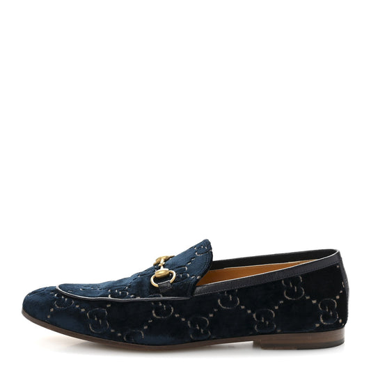 Amelia Velvet GG Monogram Horsebit Mens Jordaan Loafers 8.5 Blue Beige