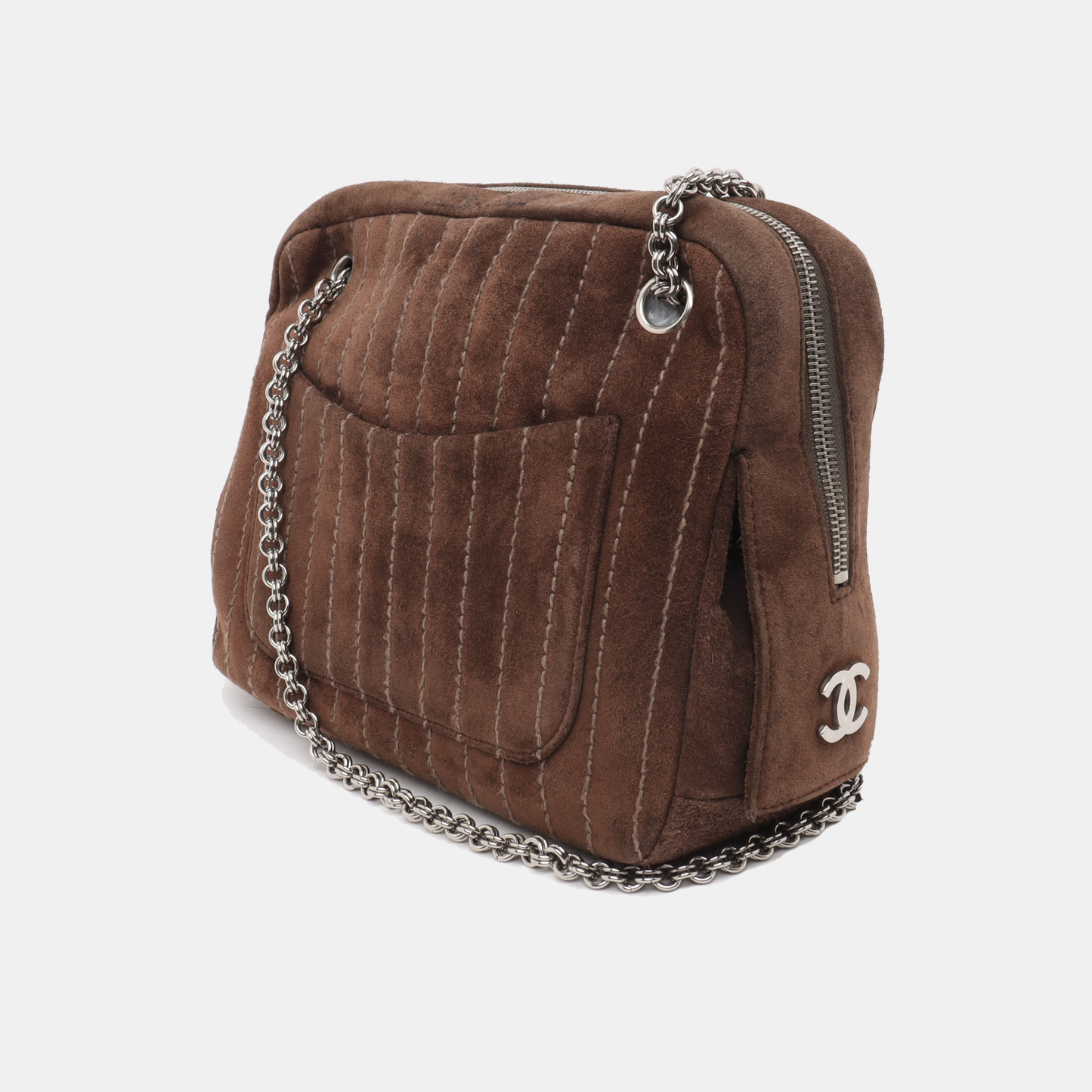 Chanel Mademoiselle Camera Bag Chocolate Brown Suede Silver Chain 2005-2006