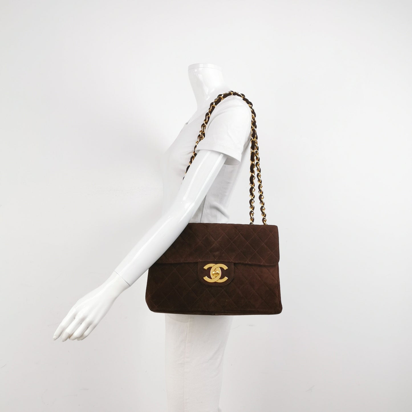 Chanel Classic Flap Maxi Chocolate Brown Suede Leather Giant Gold CC Logo