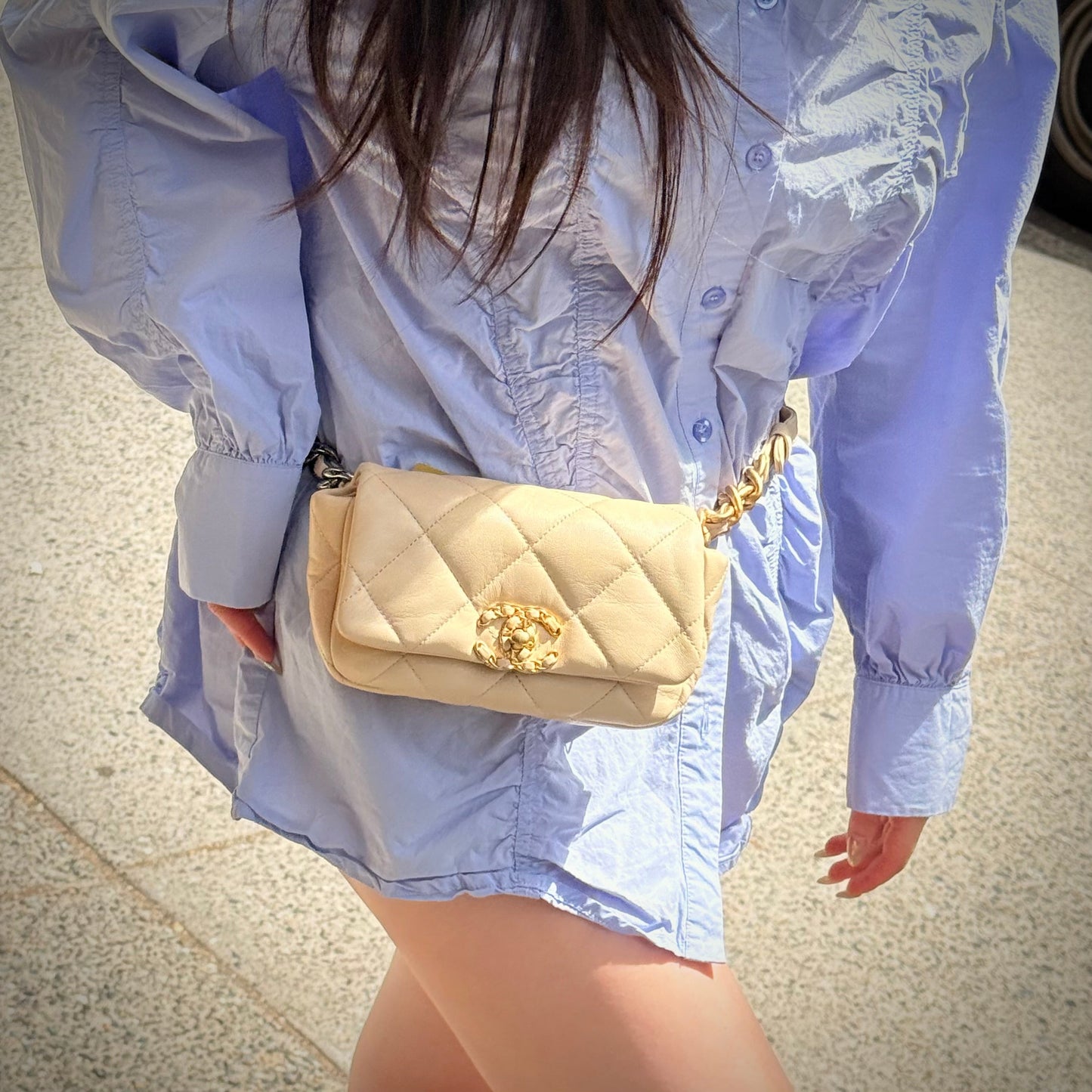 Chanel Light Beige Lambskin Quilted Waist 19 Bag