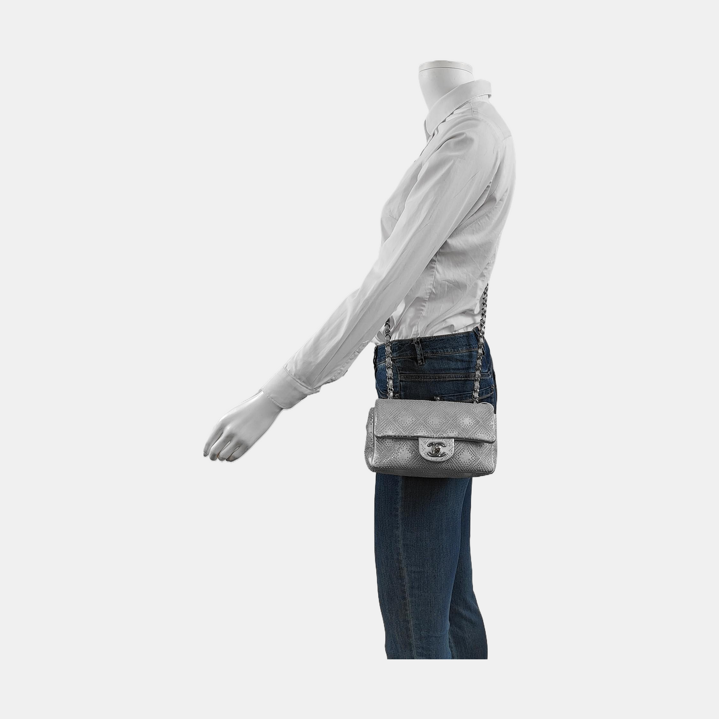 Chanel Classic Flap Mini Rectangular Silver Lambskin With Studs Silver Hardware