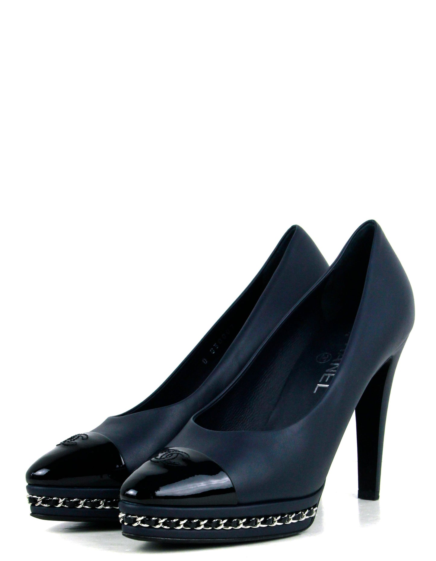 Chanel Calfskin Navy Patent CC Cap Toe Platform Chain Pumps sz 39.5