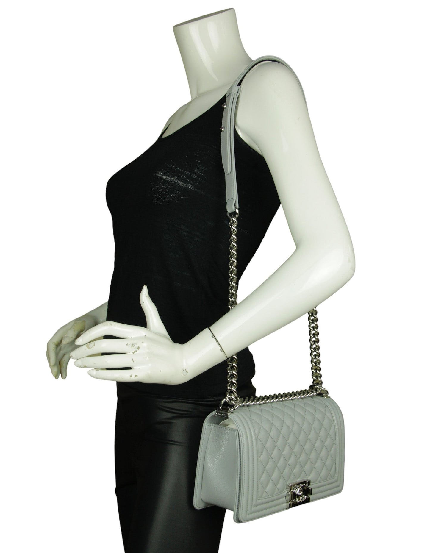 Chanel 2024 Grey Shiny Caviar Leather Quilted Medium Boy Bag