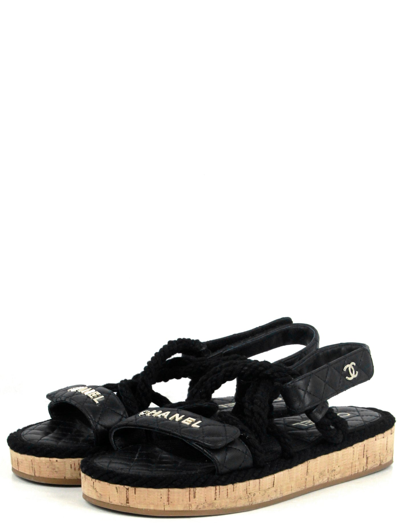 Chanel Black Cord Lambskin Quilted Logo Sandals sz 39